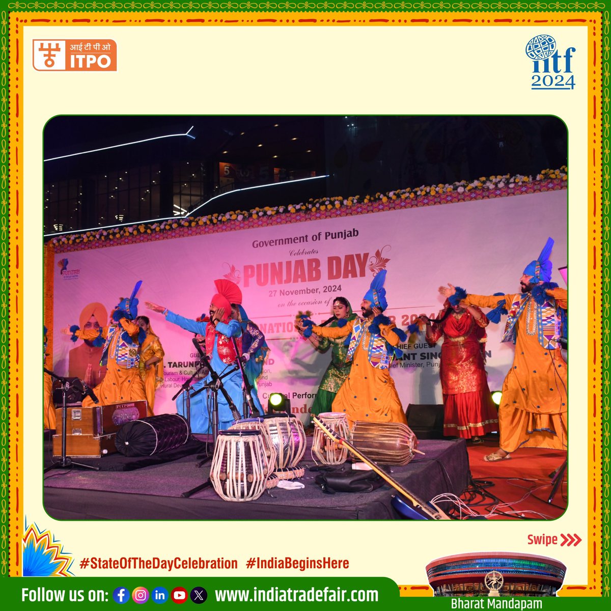 ITPODesk's tweet photo. Punjab’s vibrant cultural performance at #IITF2024 brought an electric energy to Bharat Mandapam! 

With captivating music, energetic dances, and an incredible crowd, the evening was nothing but spectacular. Experience the richness of Indian culture like never before.
 
For more information visit our website https://t.co/8ROB7vRAK7 

#BharatMandapam #CulturalCelebration #PunjabDiShaan #VibrantIndia #IndianFestivals