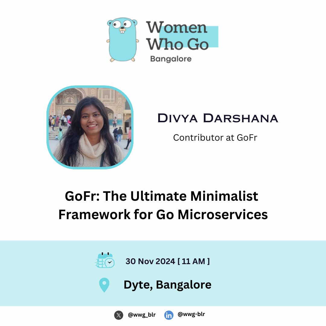 wwg_blr's tweet image. Thrilled to introduce another speaker, Divya Darshana, for our upcoming meetup at @dyte_io office!
She'll be sharing insights on "GoFr: The Ultimate Minimalist Framework for Go Microservices"
Join us for a diverse range of talks!
More details & RSVP: meetup.com/womenwhogobang…