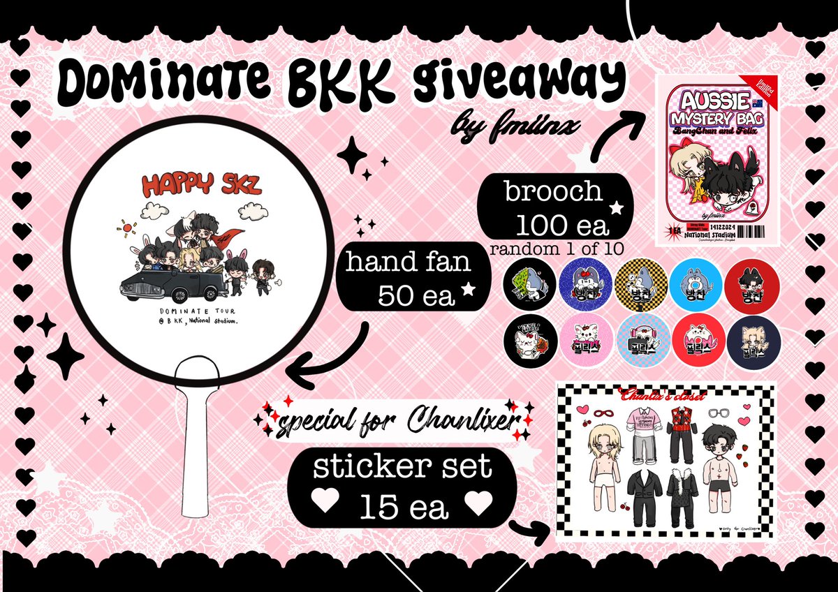 🤍Giveaway🤍

dominATE in bangkok
rt &amp; show this tweet ✨ 

🤍 skz ot8 Hand fan 
🤍 Aussie mystery bag (Chan&amp;Felix) random
🤍 sticker set for Chanlixer (I'll see your acc to proof🥰)

🥀national stadium
⛓️14 dec
⏳TBA, before soundcheck

#dominATE_BANGKOK #dominATE_BKK