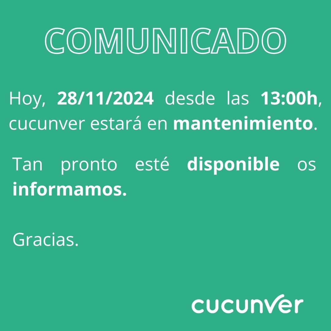 Atención‼️ Hoy, 28/11/2024 desde las 13:00h, cucunver estará en mantenimiento con motivo del lanzamiento de cucunverPay.

En cuanto esté disponible, os informaremos. 
Gracias. 
Equipo cucunver