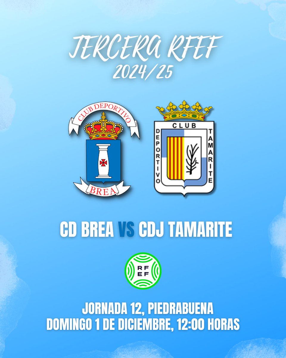 🖼 | 𝗝𝗢𝗥𝗡𝗔𝗗𝗔 𝟭𝟮

¡Volvemos a casa! ⚽️

🗓 Domingo 1 de diciembre
🕛 12:00h
📍 Brea de Aragón
🏟 Piedrabuena

<a href="/cd_brea/">CD Brea</a> 🆚 <a href="/CDJTamarite/">CDJ Tamarite</a> 

🤍💙