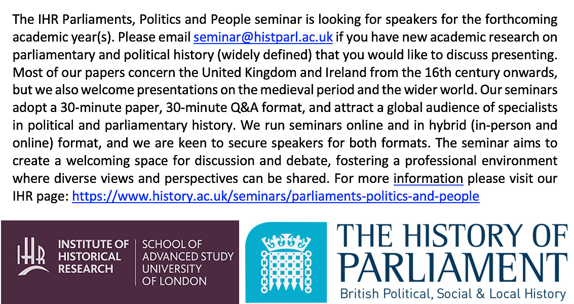 The Georgian Lords (@georgianlords) on Twitter photo CFP - the 'Parliaments, Politics and People seminar' sponsored by <a href="/HistParl/">History Of Parliament</a> is looking for submissions. We welcome papers on topics relevant to parliament and politics from the mediaeval period to the very modern. Do come and share your research with us!
#HistParl CFP - the 'Parliaments, Politics and People seminar' sponsored by <a href="/HistParl/">History Of Parliament</a> is looking for submissions. We welcome papers on topics relevant to parliament and politics from the mediaeval period to the very modern. Do come and share your research with us!
#HistParl