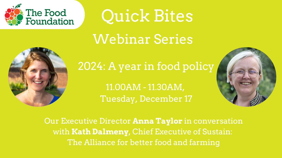 The Food Foundation (@food_foundation) on Twitter photo ๐ข Join us for a 30-minute snap analysis of the year in food policy!
Our latest webinar will feature insights from <a href="/Kath_Dalmeny/">Kath Dalmeny ๐</a> CEO of <a href="/UKSustain/">Sustain</a> and our Executive Director Anna Taylor.
Free sign up: โก๏ธ tinyurl.com/2zwvjx8s
#farmers #PMQs #CostOfLivingCrisis <a href="/DoctorChrisVT/">Chris van Tulleken ๐ณ๏ธโ๐</a> ๐ข Join us for a 30-minute snap analysis of the year in food policy!
Our latest webinar will feature insights from <a href="/Kath_Dalmeny/">Kath Dalmeny ๐</a> CEO of <a href="/UKSustain/">Sustain</a> and our Executive Director Anna Taylor.
Free sign up: โก๏ธ tinyurl.com/2zwvjx8s
#farmers #PMQs #CostOfLivingCrisis <a href="/DoctorChrisVT/">Chris van Tulleken ๐ณ๏ธโ๐</a>