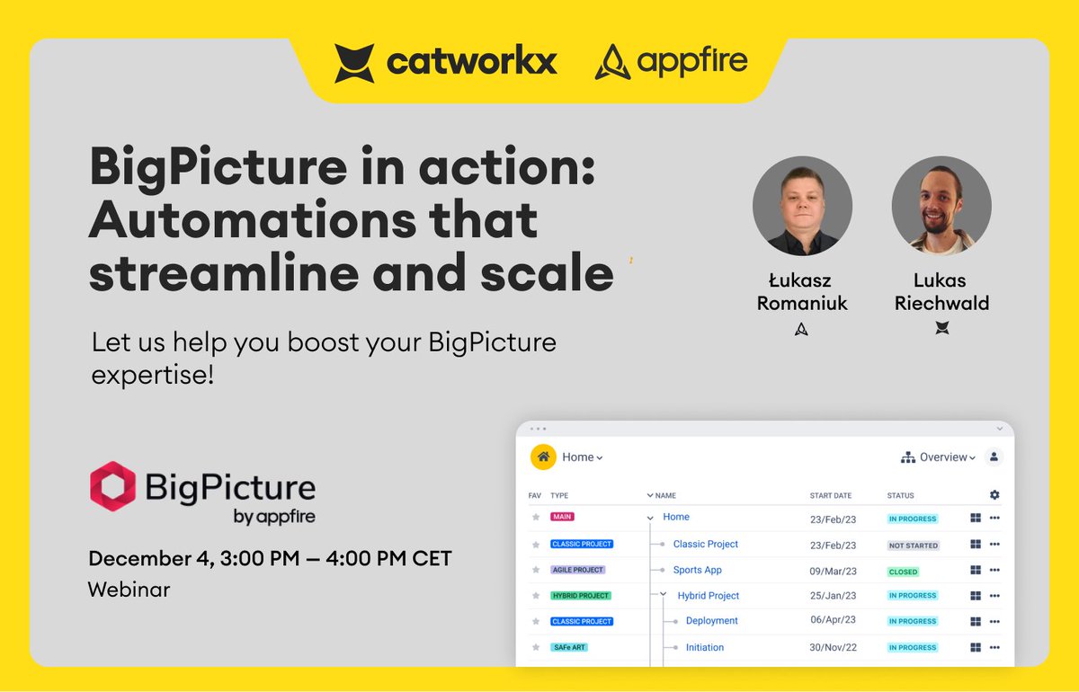 📣 Boost your project management with BigPicture automations! Join <a href="/Appfire/">Appfire</a> &amp; <a href="/catworkx/">catworkx</a> Dec 4, 3-4pm CET. 
Learn how to streamline workflows, maximize efficiency &amp; transform your Jira projects. 
Limited spots! Register now
lnkd.in/dejr6x5P
#BigPicture #ProjectManagement