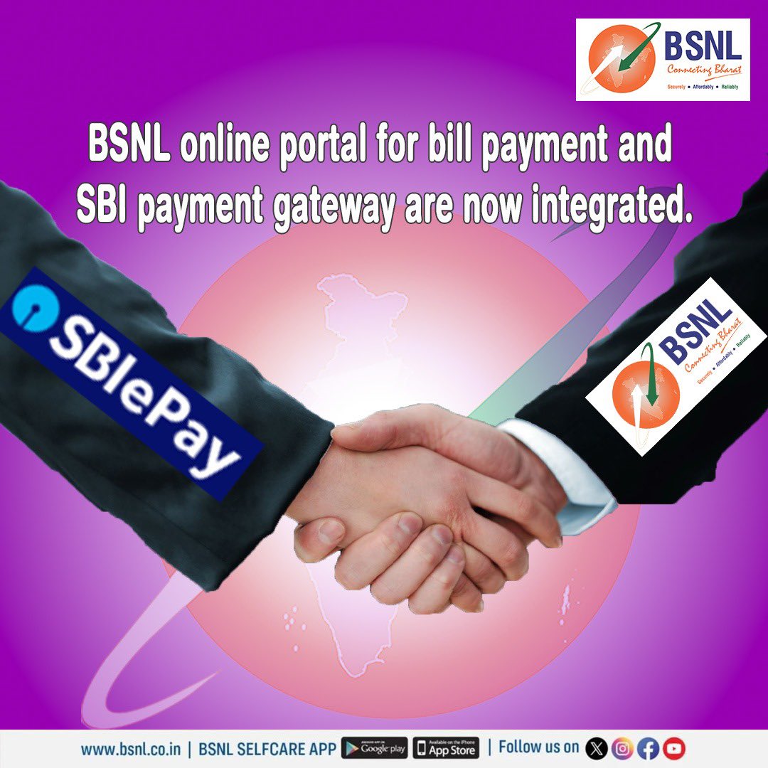 BSNLCorporate's tweet photo. We are excited to announce that the SBI Payment Gateway is now integrated into the BSNL Online Portal! 🎉

Customers can now make landline and mobile bill payments seamlessly via SBI Payment Gateway using UPI, net banking, credit/debit cards, and wallets.

Experience hassle-free payments with BSNL.

#BSNL #SBI #BSNLIndia