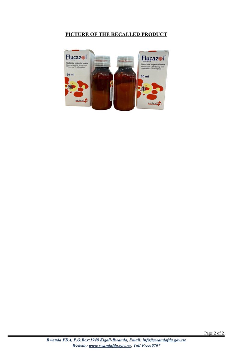 🚨🚨🔊Rwanda FDA iramenyesha Abaturarwanda bose ko ihagaritse ikwirakwizwa, n’ikoreshwa rya nimero AD220070A y'umuti witwa Flucazol® Powder for Oral Suspension (Fluconazole USP 50mg/5ml), ukorwa n'uruganda rwitwa Gracure Pharmaceuticals Limited, rwo mu Buhinde.
=============