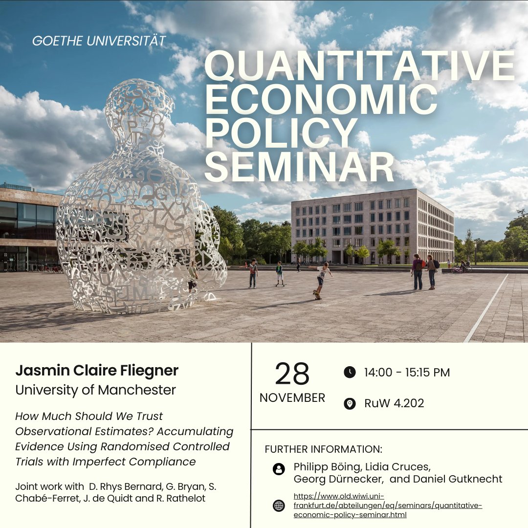 Lidia Cruces (@lidia_cruces_) on Twitter photo 📅 Join us today for an in-person talk by Jasmin Fliegner from the University of Manchester, presenting: "How Much Should We Trust Observational Estimates?"
Looking forward to an engaging discussion at 14:00.
Organized by <a href="/Philipp_Boeing/">Philipp Boeing</a>, <a href="/GeorgDuernecker/">Georg Duernecker</a> & <a href="/GutknechtEcon/">Daniel Gutknecht</a> 📅 Join us today for an in-person talk by Jasmin Fliegner from the University of Manchester, presenting: "How Much Should We Trust Observational Estimates?"
Looking forward to an engaging discussion at 14:00.
Organized by <a href="/Philipp_Boeing/">Philipp Boeing</a>, <a href="/GeorgDuernecker/">Georg Duernecker</a> & <a href="/GutknechtEcon/">Daniel Gutknecht</a>