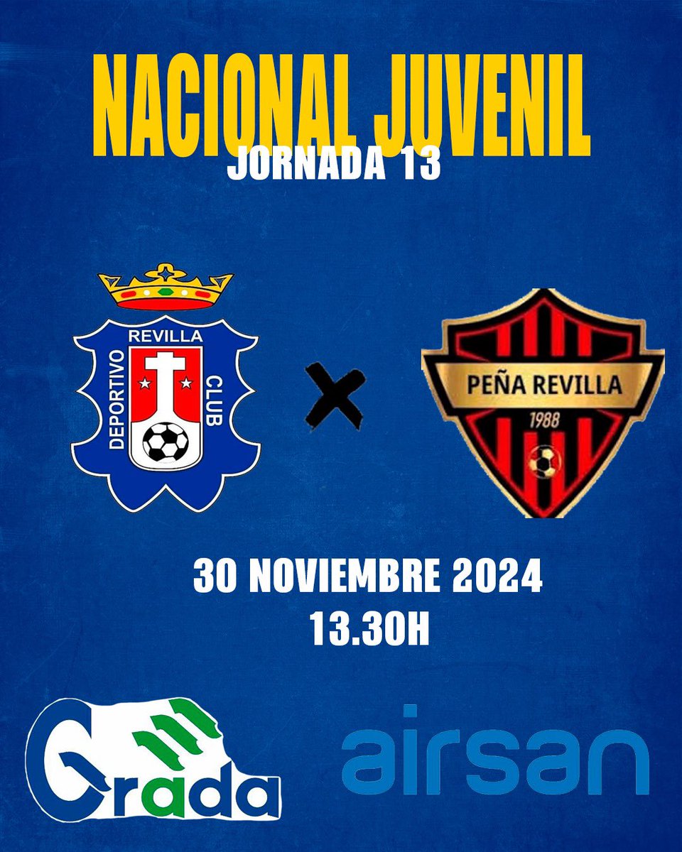 Club Deportivo Revilla (@cdrevilla74) on Twitter photo 🔜HORARIO JORNADA 13
🗓️ Sábado 30 de Noviembre
🕖 13:30H
🆚 <a href="/SDPRevilla/">SD Peña Revilla</a>
🏆 Liga Nacional
🏟️ El Crucero
#VamosRevilla❤️💙 🔜HORARIO JORNADA 13
🗓️ Sábado 30 de Noviembre
🕖 13:30H
🆚 <a href="/SDPRevilla/">SD Peña Revilla</a>
🏆 Liga Nacional
🏟️ El Crucero
#VamosRevilla❤️💙