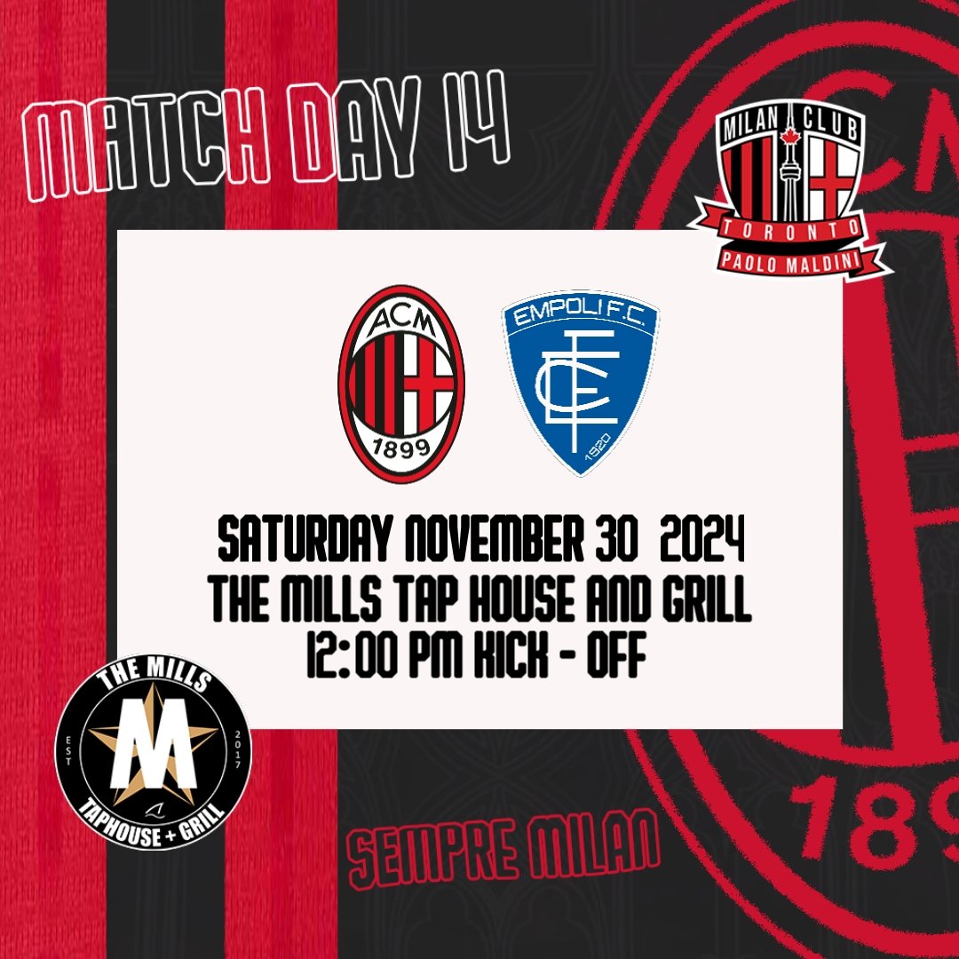 This Saturday!!! Match Day 1️⃣4️⃣
1️⃣2️⃣:0️⃣0️⃣PM Kick Off!
@ The Mills Tap House 
🔴⚫🔴⚫🔴⚫🔴⚫🔴⚫🔴⚫🔴⚫ 
Let's Gooooo!!! <a href="/acmilan/">AC Milan</a>
See you #Rossoneri there!!!
#MilanEmpoli #ForzaMilan
#SempreMilan #ACMilan #SerieA