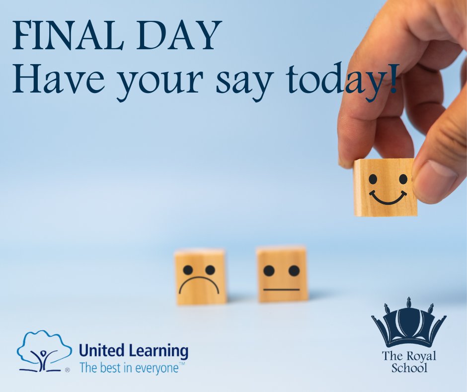 DON’T MISS OUT
Last day today to fill in the Parent Survey. It only takes 10 minutes to have your say. The survey is being run by an independent company and you can opt in for the chance to win a £25 Amazon voucher.
#TheRoyalSchool #UnitedLearning #HaveYourSay