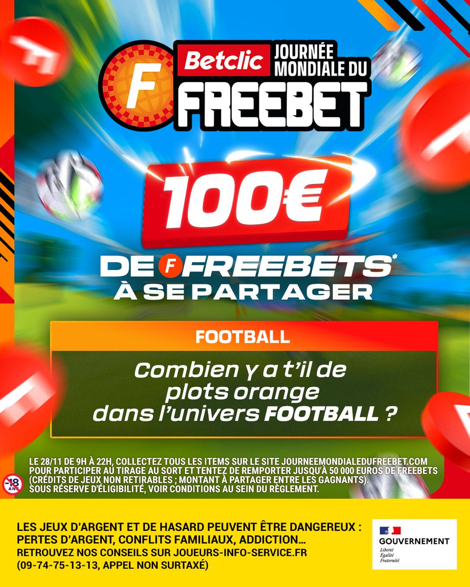 On plonge dans l'univers foot pour cette 1ère question ! ⚽️

Tu penses avoir une bonne vista ? 10 x 10€ de Freebets* à se partager parmi les bonnes réponses 🤩

RT + Ta réponse avec #LaCourseAuxFreebets pour participer 🍀