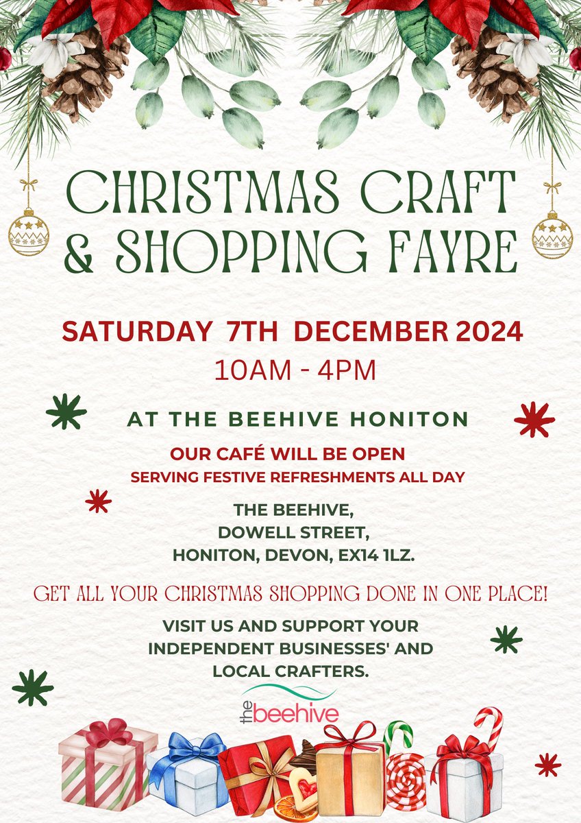 All Your Local Traders &amp; Crafters
All Your Christmas Presents
All In One Place
All At The Beehive Honiton
All On Saturday 7th December 2024