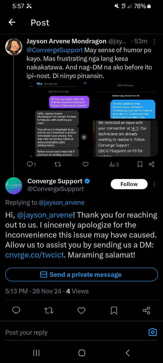 jayson_arvene's tweet photo. @ConvergeSupport Can you at least read the post before you auto-respond? Nasa post na e, nag-DM na, di niyo pinansin. Tapos, ang response, mag-DM ulit? Para di niyo ulit pansinin? https://t.co/TMPGnDgLI5