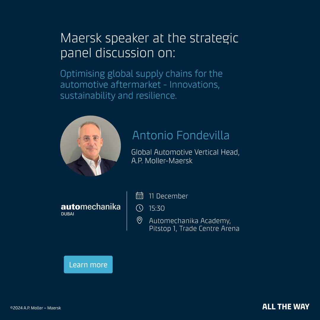 Join us at #AutomechanikaDubai 2024 and hear from Toni Fondevilla , Global Vertical Head of Automotive at Maersk and other industry leaders at the panel discussion on 11 December 💙 

Learn more: spkl.io/6012fXWLO

#MaerskIMEA #Maersk #AllTheWay