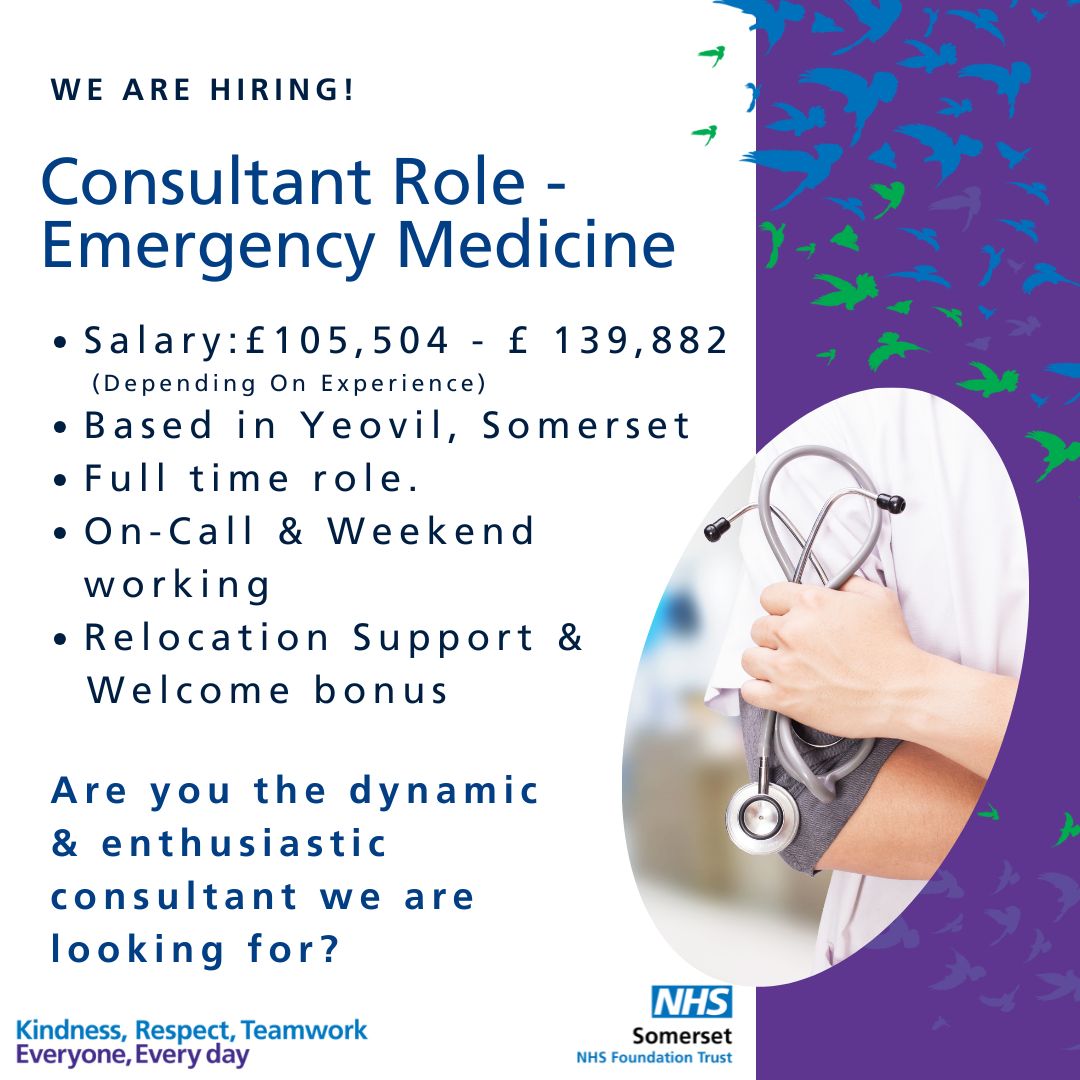 At Somerset NHS Foundation Trust, we're seeking a Consultant in Emergency Medicine to join our YDH team. If you have a full GMC registration &amp; are on the specialist register, we want to hear from you! 
More info: buff.ly/3ZbxPl9 
#EmergencyMedicine #NHSJobs