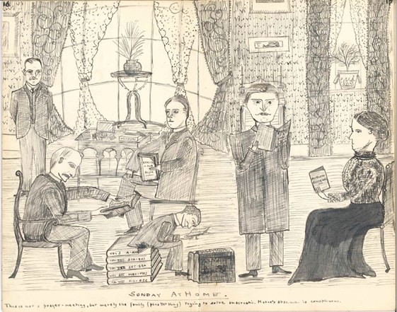 “Not a prayer meeting, but merely the family (plus the King) trying to solve an acrostic.” This drawing is from ‘The Flyleaf’ a manuscript family circular edited by William Frederick Winckworth of Brighton, c1901. Ref: ACC 6630/14 #EYAFamily