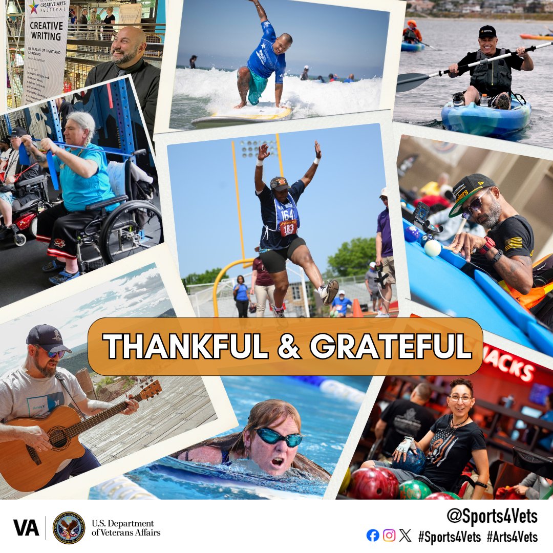 Sports4Vets's tweet photo. This Thanksgiving, we thank our #Veteran athletes, artists, and the community of clinicians, sponsors, volunteers, caregivers, and families who inspire us every day. Wishing you and your loved ones a #Thanksgiving filled with warmth, laughter and joy. #Sports4Vets #Arts4Vets https://t.co/bQPx4P5q9e