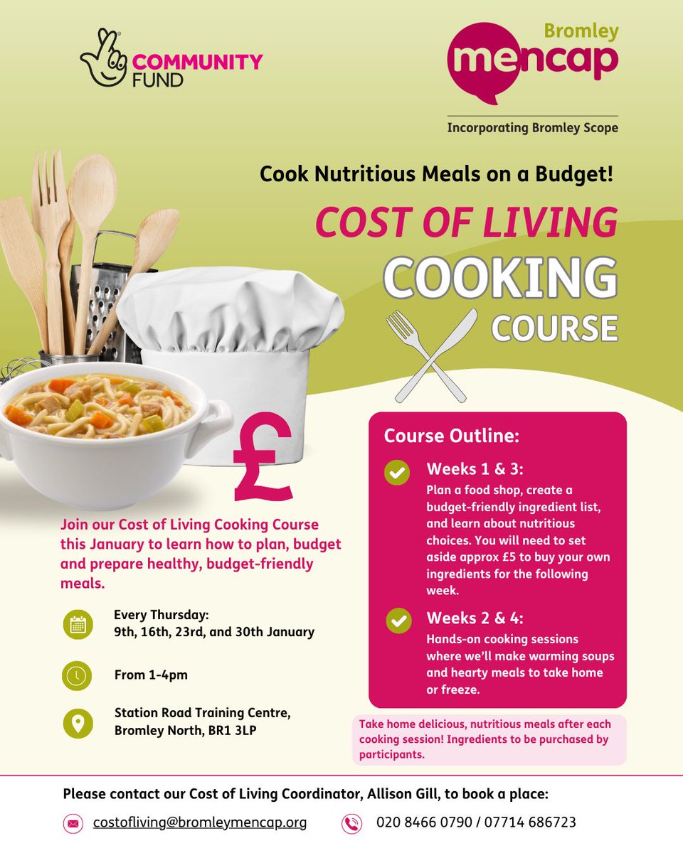 Bromley Mencap (@bromleymencap) on Twitter photo Join our Cost of Living Cooking Course this January at Station Road to learn how to prepare healthy, budget-friendly meals.
Dates: 9, 16, 23, 30 January 2025. Plan, shop, and cook hearty meals to take home!
π© costofliving@bromleymencap.org or call 020 8466 0790 to book. Join our Cost of Living Cooking Course this January at Station Road to learn how to prepare healthy, budget-friendly meals.
Dates: 9, 16, 23, 30 January 2025. Plan, shop, and cook hearty meals to take home!
π© costofliving@bromleymencap.org or call 020 8466 0790 to book.