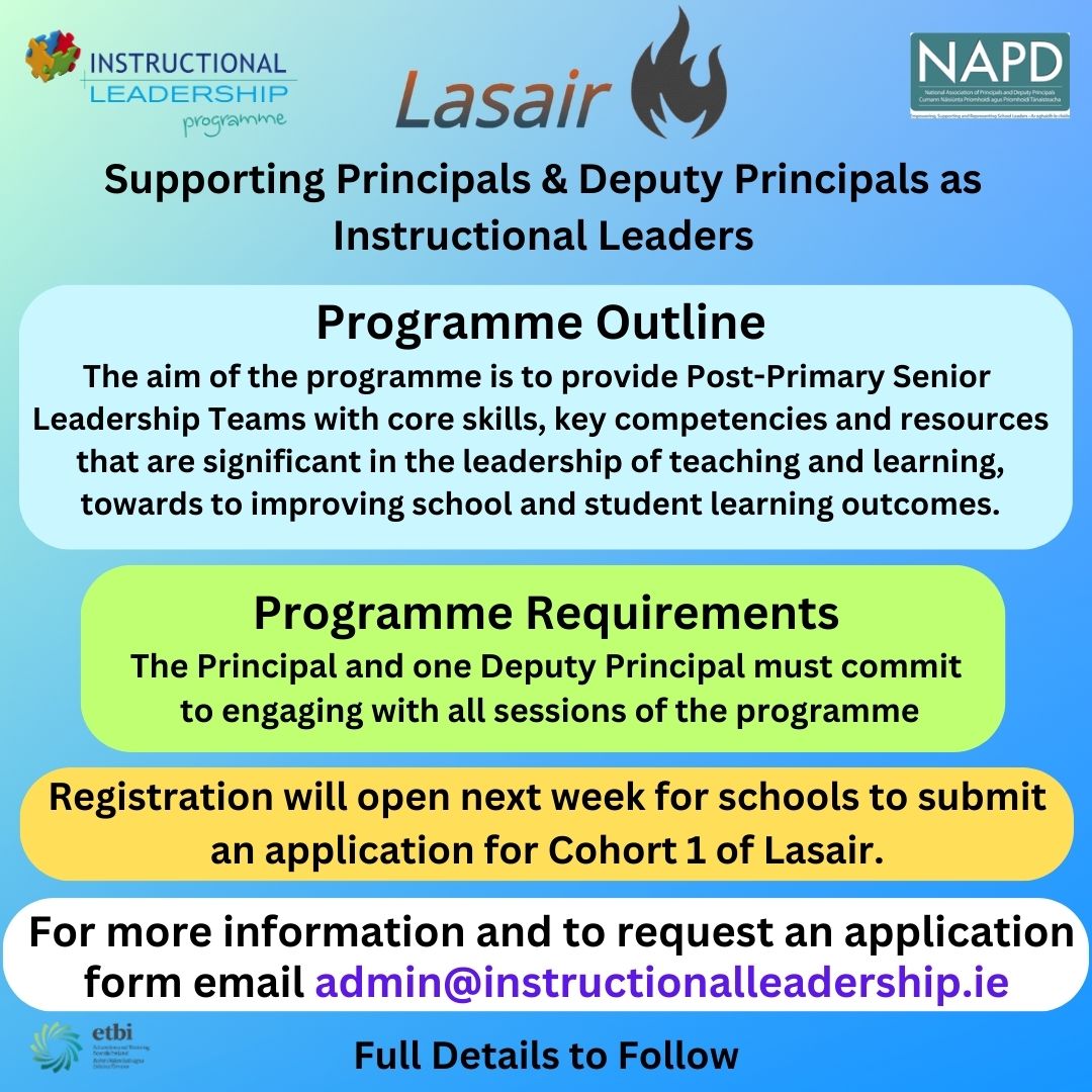 ILP (@ilprogramme) on Twitter photo 📢We are delighted to announce registration will open next week for schools to submit an application for Lasair; Supporting Principals & Deputy Principals as Instructional Leaders. To request an application form email admin@instructionalleadership.ie <a href="/ETBIreland/">ETBI</a> <a href="/paulcrone_napd/">Paul Crone</a> 📢We are delighted to announce registration will open next week for schools to submit an application for Lasair; Supporting Principals & Deputy Principals as Instructional Leaders. To request an application form email admin@instructionalleadership.ie <a href="/ETBIreland/">ETBI</a> <a href="/paulcrone_napd/">Paul Crone</a>