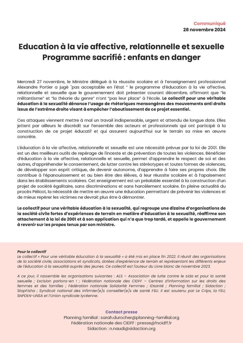 📣COMMUNIQUÉ | Le collectif pour une véritable éducation à la sexualité dénonce l’usage de rhétoriques mensongères issus de l’extrême droite.

🔴Ces attaques discréditent un travail indispensable et attendu, mené par des pro et acteur·rices de terrain.