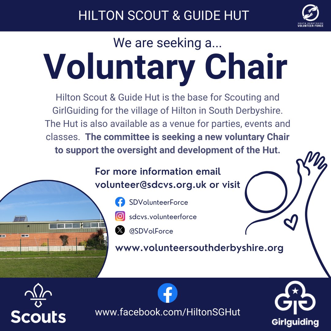 SDVolForce's tweet image. Fancy a new challenge? Hilton Scout &amp;amp; Guide Hut is seeking a new Voluntary Chair to support the oversight and development of this amazing community space.

👉For more information please visit tinyurl.com/3btjdyys or email us at volunteer@sdcvs.org.uk