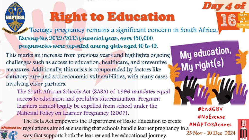 NAPTOSA_TEACH's tweet image. #Day4of16DaysOfActivism #TeenagePregnancy #StatutoryRape #RightToEducation #EndGBV #NAPTOSACares