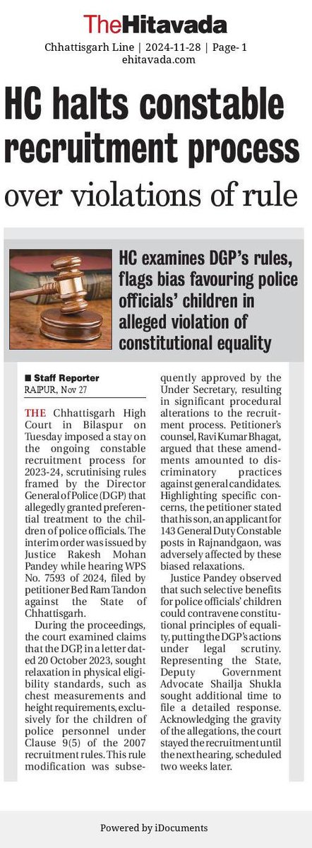 truth_finder04's tweet photo. @ipsvijrk @ShrivasGouri
Chhattisgarh HC halts constable recruitment, flags DGP’s rules favouring officials’ children as a violation of constitutional equality. Bias in such critical appointments undermines trust in the system. Justice must prevail. #ConstitutionalEquality #Accountability https://t.co/GzZCybNJgi