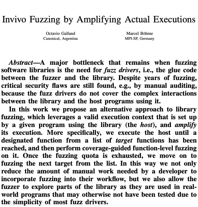 Marcel Böhme👨🔬 (@mboehme_) on Twitter photo 🔥 No fuzz drivers needed. Our paper on injecting fuzzers into running systems at user-defined amplifier points (in-vivo fuzzing) was accepted at #ICSE25!
📝 mboehme.github.io/paper/ICSE25-i…
🧑💻 github.com/OctavioGalland… (subject to AE)
//Collab w/ <a href="/GallandOctavio/">Octavio Galland</a> (former #MPI_SP intern). 🔥 No fuzz drivers needed. Our paper on injecting fuzzers into running systems at user-defined amplifier points (in-vivo fuzzing) was accepted at #ICSE25!
📝 mboehme.github.io/paper/ICSE25-i…
🧑💻 github.com/OctavioGalland… (subject to AE)
//Collab w/ <a href="/GallandOctavio/">Octavio Galland</a> (former #MPI_SP intern).