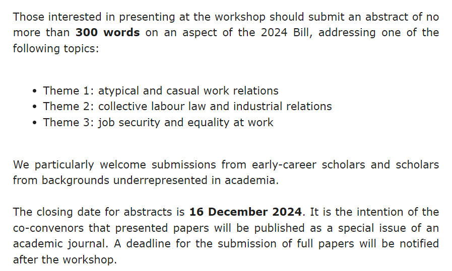 CALL FOR PAPERS: workshop on Employment Law Rights Bill 2024, Southampton University, 29 Jan 2025. Deadline for abstracts 16 Dec 2024. Contact me or <a href="/Joe_R_Atkinson/">Joe Atkinson</a> for details. Supported by <a href="/legalscholars/">The SLS</a>