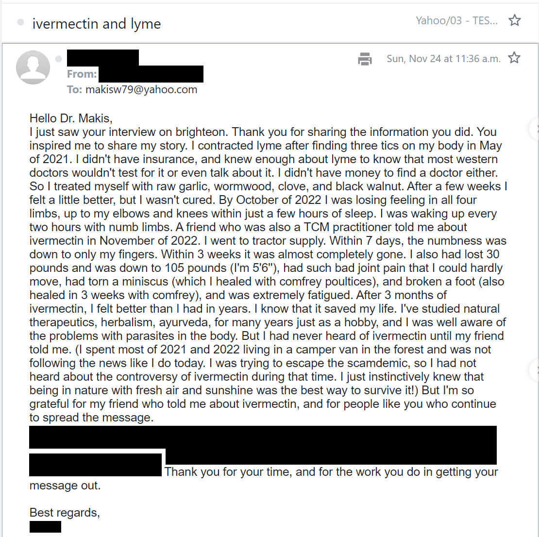 MakisMedicine's tweet image. NEW ARTICLE: IVERMECTIN and LYME Disease Testimonial - 40s year old woman with severe neuropathy, arthritis and fatigue (Chronic Lyme Disease) healed with Ivermectin!

A 40s year old woman shared her amazing story with me:

"I contracted lyme after finding three tics on my body…