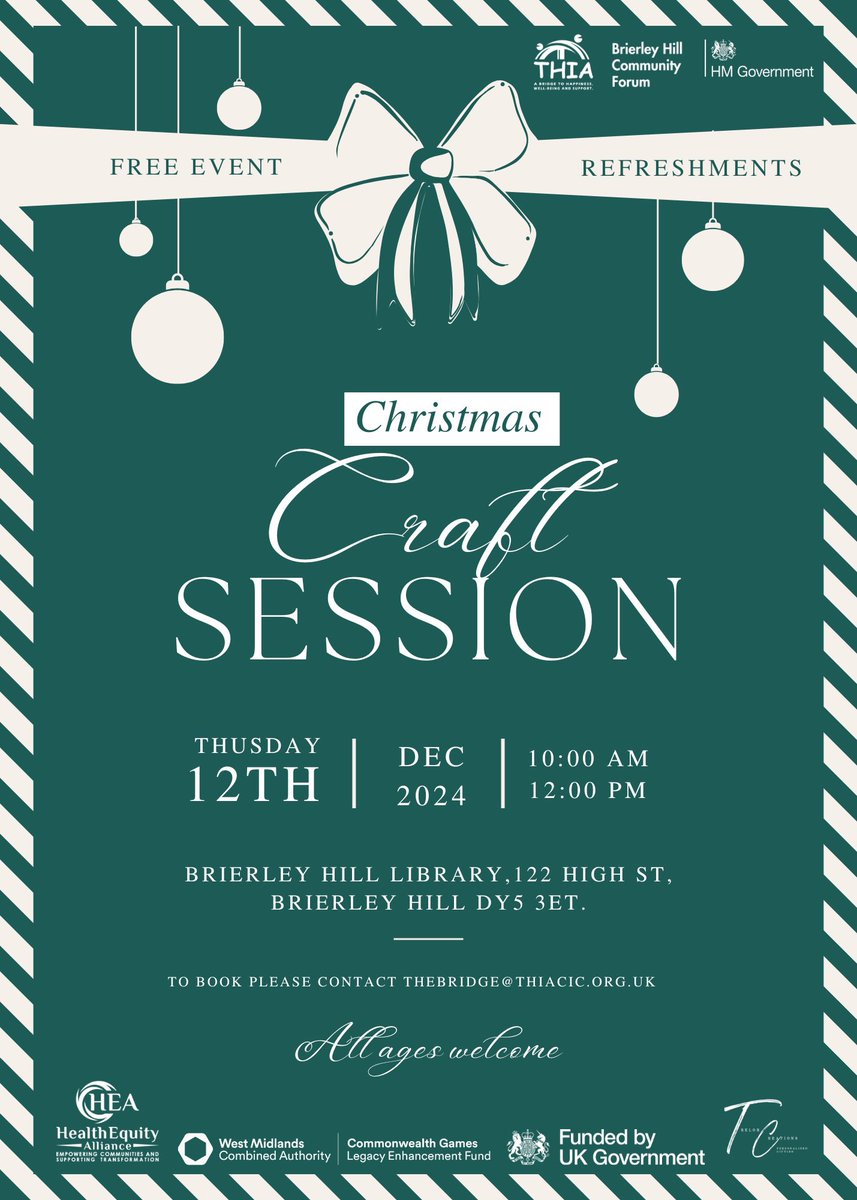 🎨✨ Get your creative hats on! Join us for a FREE Christmas Craft Session on Thursday, 12th December 2024 at Brierley Hill Library! 🎄🎁

Enjoy festive vibes, refreshments, and unleash your creativity with crafts perfect for the holiday season funded by <a href="/WestMids_CA/">West Midlands Combined Authority</a> 

📩 All