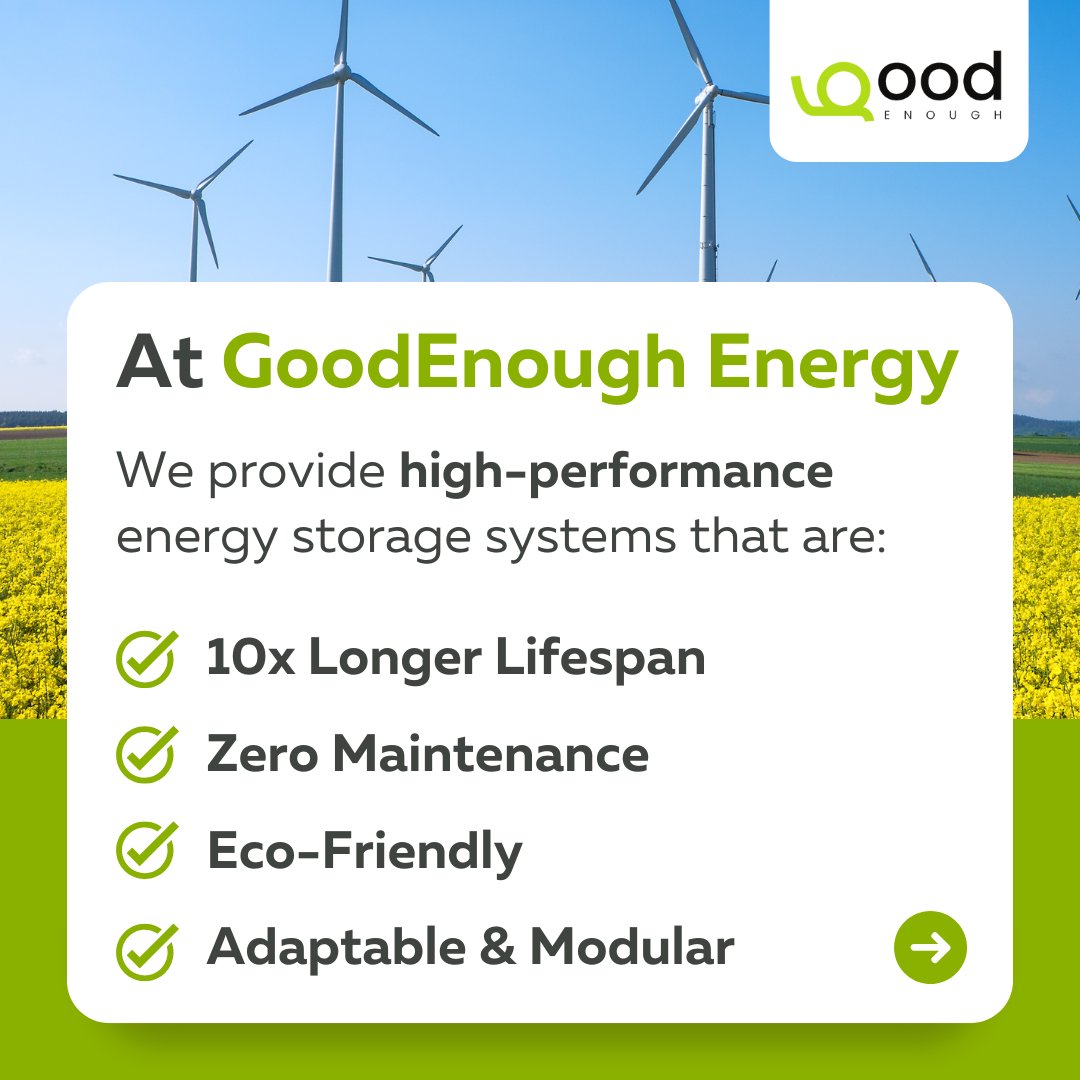 goodenough_001's tweet photo. GoodEnough Energy: Powering a Sustainable Future
Our energy storage systems stand out with
📆10-year lifespan (5x longer than traditional)
🛠️Zero maintenance
🌱Eco-friendly design
Let's build a cleaner tomorrow
#Energy #Sustainability #EcoFriendly #Climate #GoodEnoughEnergy https://t.co/bOiKks3jVX