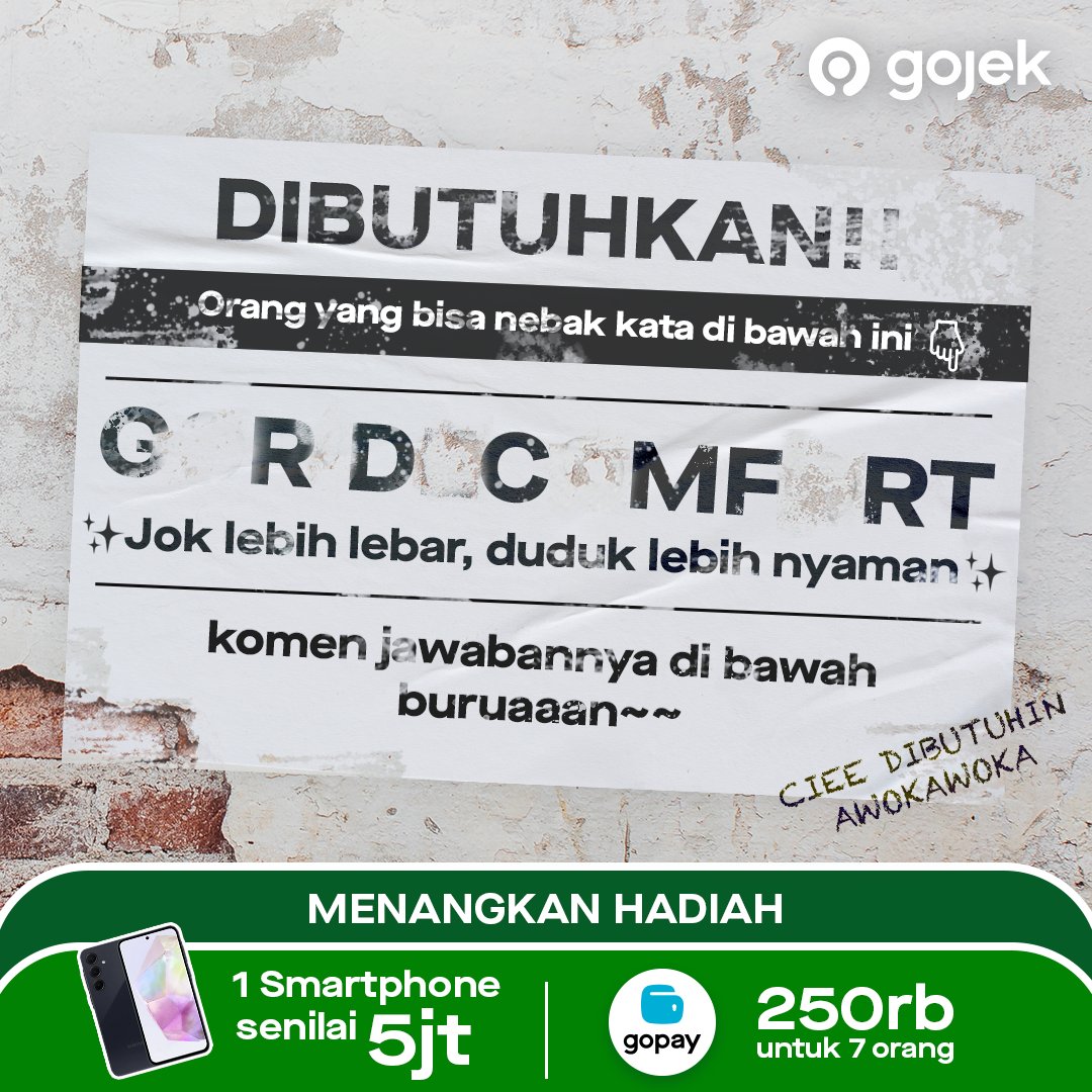 gojekindonesia's tweet photo. [#GIVEAWAYGOJEK]
APAKAH KAMU YANG MIMIN CARI? 😜 Yuk, coba komen jawabanmu buat dapetin hadiahnya!

Caranya gini nih:

1. Tulis jawabanmu dengan format “[JAWABANMU] jok lebih lebar, duduk lebih nyaman”, mention 2 teman kamu, dan sertakan hashtag #PakeGojekPalingHemat di kolom komentar
2. Pastikan akun kamu tidak di-private dan follow @gojekindonesia
3. Periode kuis 29 November - 8 Desember 2024