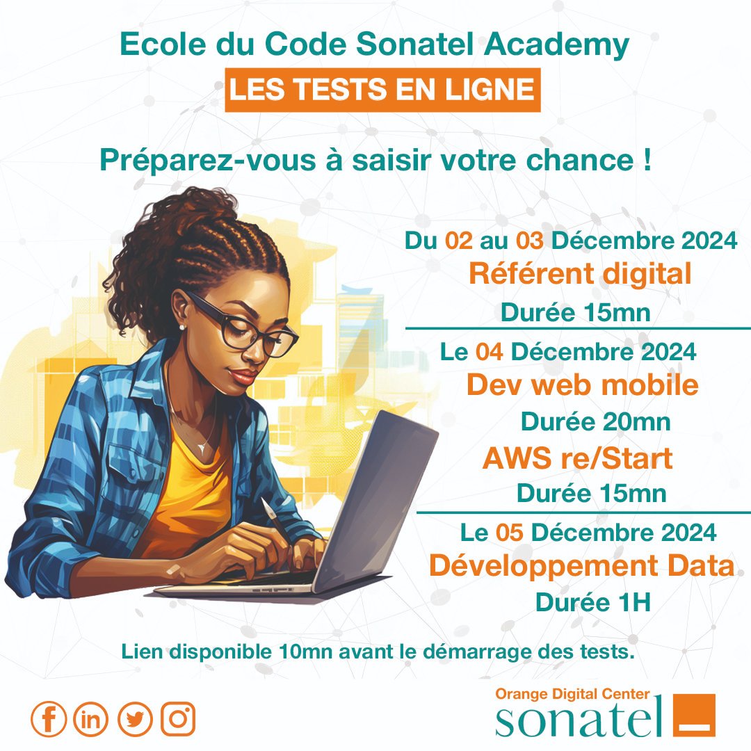 ODCSenegal's tweet photo. 📢XIBAAR / INFORMATION📢

Les tests en ligne de l'École du Code Sonatel Academy approchent ! Préparez-vous, les convocations vous seront envoyées par mail !

Félicitations 🎊 aux Présélectionnés
Les autres Never Give Up

#StayFocus #amalnjariñaskanwi #Promo7
#OrangeDigitalCenter https://t.co/qjrvL8pmJS