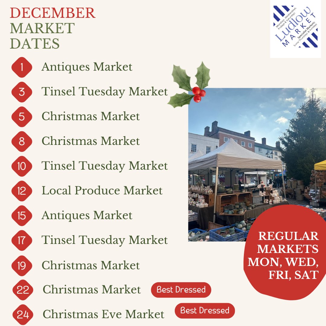 🎄 Ludlow Market December Dates! 🎄⁠
⁠
This festive season, shop independent and support our amazing local traders! 🛍️✨⁠⁠
⁠
Wrap up warm and support our lovely bunch of traders!  ⁠
⁠
#ShopLocal #LudlowMarket #Visitludlow #visitshropshire
