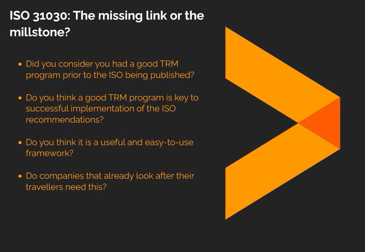 Our first panel topic is a critical assessment is the ISO 31030 and extent to which is delivers its promise.
#FutureOfTravelRisk #ISO31030 #Travel #Security
