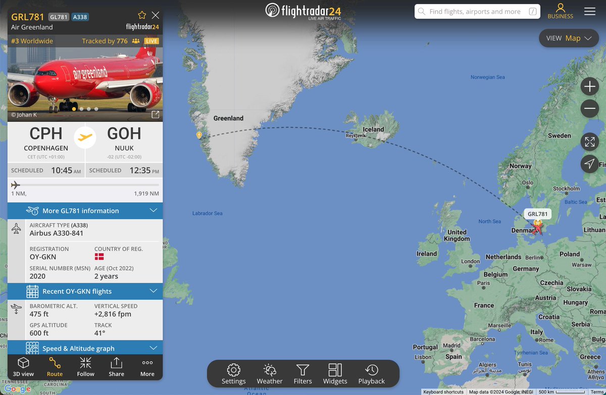 Air Greenland is operating the first international widebody flight to the newly expanded Nuuk Airport, ushering in a new era of travel for Greenland’s Capital 🇬🇱 flightradar24.com/GRL781/38267940

Nuuk Airport recently opened its extended 2,200 meter runway, allowing large jets such as the