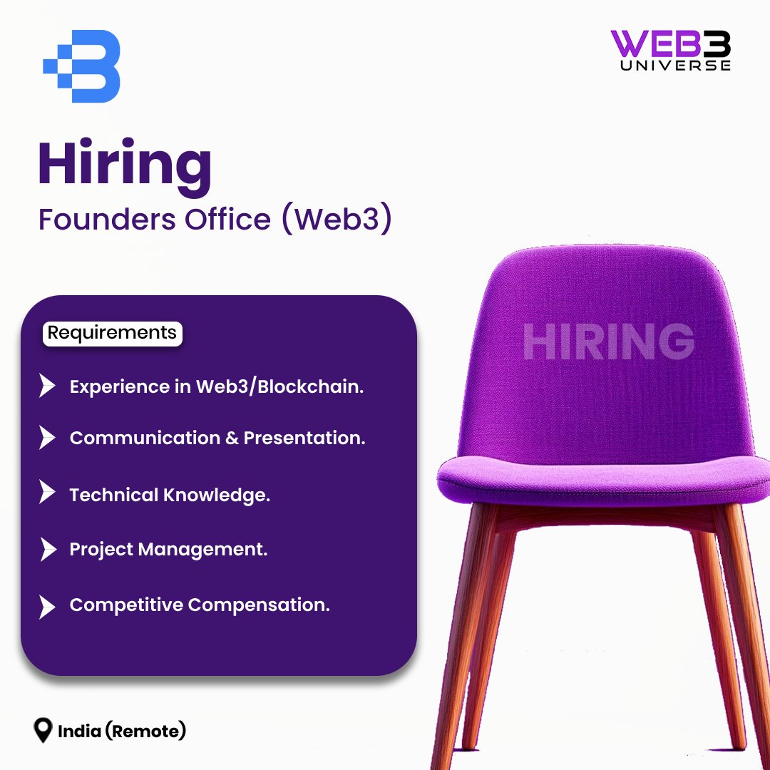 UniverseOfWeb3's tweet photo. #hiring!
@BTKProtocol is looking for a Founders Office (Web3) to join the team!
Know more and apply here: https://t.co/RzRwUrBKox
Visit the dashboard and click "All Jobs" to find and apply according to your profile!
#Blockchain #Web3Universe #Web3 #BlocktrackProtocol #Jobs https://t.co/zwmpnns0af