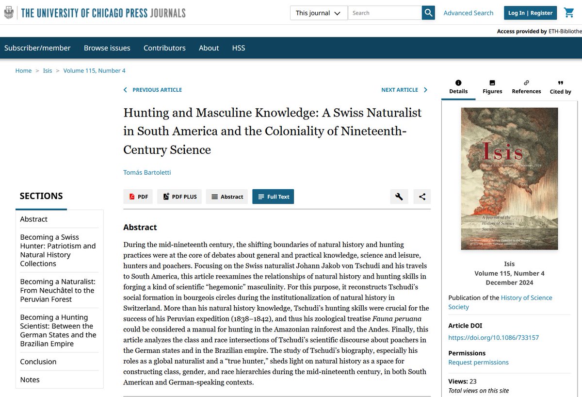 Tomás Bartoletti (@tomasbarto12) on Twitter photo Publication day! 🥳My article "Hunting and Masculine Knowledge: A Swiss Naturalist in South America and the Coloniality of Nineteenth-Century Science" is out! <a href="/IsisJournal/">Isis Journal</a> 👉journals.uchicago.edu/doi/10.1086/73… send me a DM if you need a copy Publication day! 🥳My article "Hunting and Masculine Knowledge: A Swiss Naturalist in South America and the Coloniality of Nineteenth-Century Science" is out! <a href="/IsisJournal/">Isis Journal</a> 👉journals.uchicago.edu/doi/10.1086/73… send me a DM if you need a copy