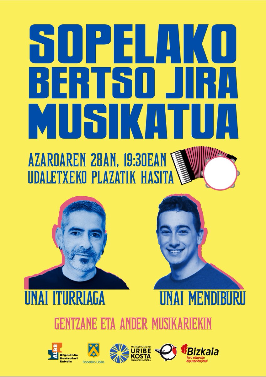 Gaur, hilak 28, Udaletxeko Plazatik hasita, Sopelako Bertso Jira Musikatua: bizkaie.biz/1731570144641

👉 Bertsolariak: Unai Iturriaga eta Unai Mendiburu.

<a href="/albertsolari/">ALBE</a> <a href="/SopelaUdala/">Sopelako Udala</a> <a href="/uribekostamanko/">Uribe Kostako Mankomunitatea</a> <a href="/Bizkaia/">Bizkaiko Foru Aldundia/Diputación Foral de Bizkaia</a>