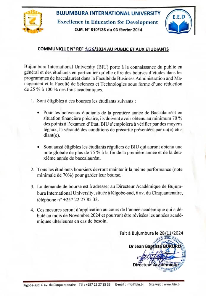 BIUBurundi's tweet photo. @BIUBurundi offre de bourses pour les étudiants du programme de #Baccalauréat
Postulez dès maintenant! #OpportunitésAcadémiques https://t.co/aH08ZmUQIo
