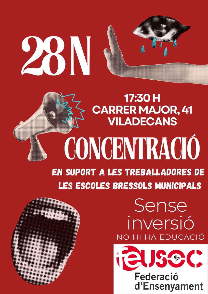 FEUSOC (@ensenyamentusoc) on Twitter photo 📢 Avui a la tarda, no et quedis a casa: defensem les escoles bressol #Viladecans!
📅 28N, 17:30h
📍 Carrer Major, 41, Viladecans
✊ Amb les treballadores per l’educació infantil 0-3!
#Infantil03
<a href="/ViladecansTweet/">AjuntamentViladecans</a> <a href="/ElFarInformatiu/">El Far</a> <a href="/ElLlobregat/">El Llobregat</a> <a href="/Llobregatdigita/">llobregatdigital.cat</a>
T'hi esperem! 📢 Avui a la tarda, no et quedis a casa: defensem les escoles bressol #Viladecans!
📅 28N, 17:30h
📍 Carrer Major, 41, Viladecans
✊ Amb les treballadores per l’educació infantil 0-3!
#Infantil03
<a href="/ViladecansTweet/">AjuntamentViladecans</a> <a href="/ElFarInformatiu/">El Far</a> <a href="/ElLlobregat/">El Llobregat</a> <a href="/Llobregatdigita/">llobregatdigital.cat</a>
T'hi esperem!