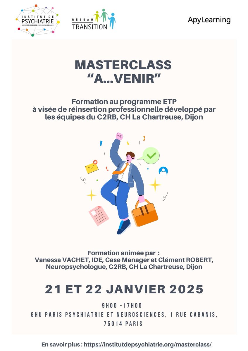 📅 Formation Masterclass : 21 &amp; 22 janvier 2025

🎯 Faciliter l'accès à l'emploi des jeunes avec des troubles psychiques sévères, c'est possible !

📚 Découvrez le programme de psychoéducation "A...venir", conçu pour accompagner les jeunes vers une réinsertion
