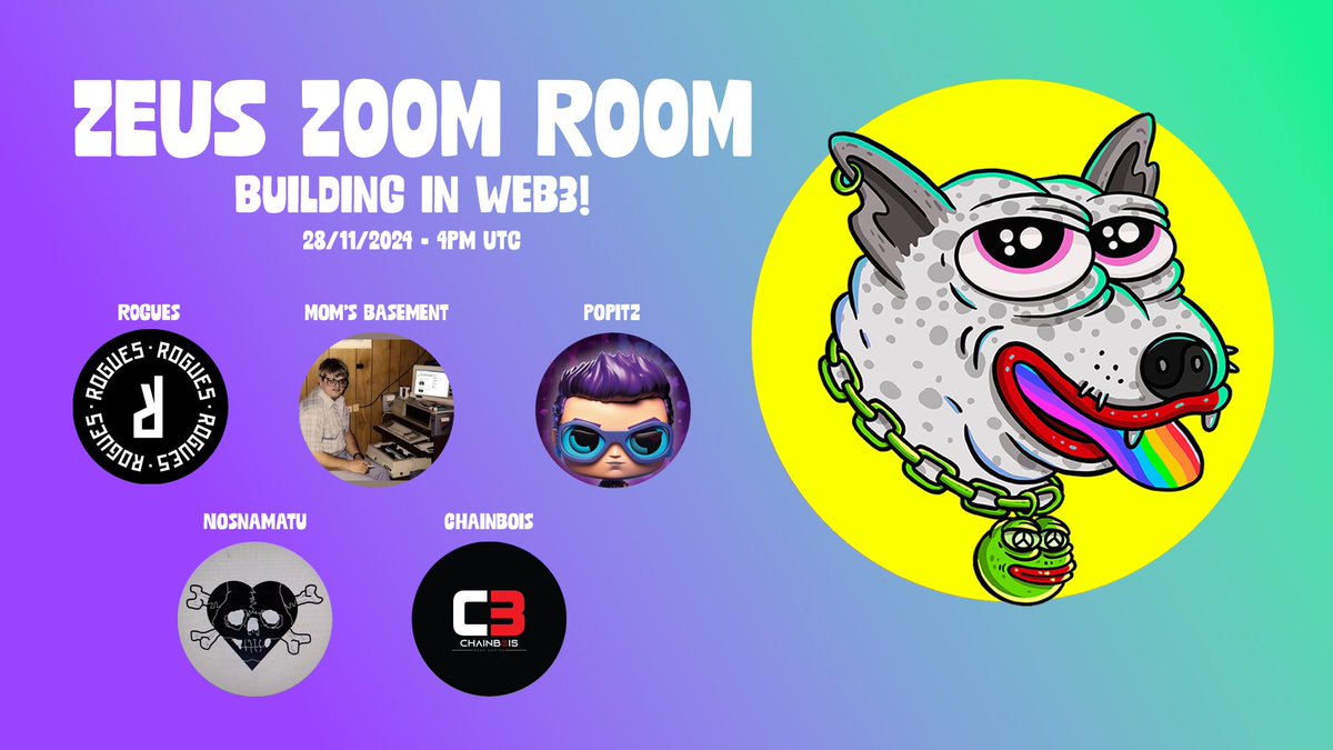 🎙️ZEUS ZOOM ROOM - BUILDING IN WEB 3

Join us together with this diverse panel of NFT, gaming and DLMM projects! Don't miss out on the opportunity to learn, network, and be part of the conversation that's exploring building in Web 3! 

Special guests:
<a href="/RoguesNFT/">Rogues</a> 
<a href="/MomsBasementSOL/">Mom's Basement</a>