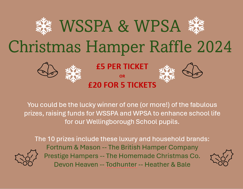 The Wellingborough Senior School Parent Association (WSSPA) and the Prep School Parent Association (WPSA) are pleased to announce the Christmas Hamper Raffle 2024 is now live!
To enter click the link here : raffall.com/371381/enter-r…
