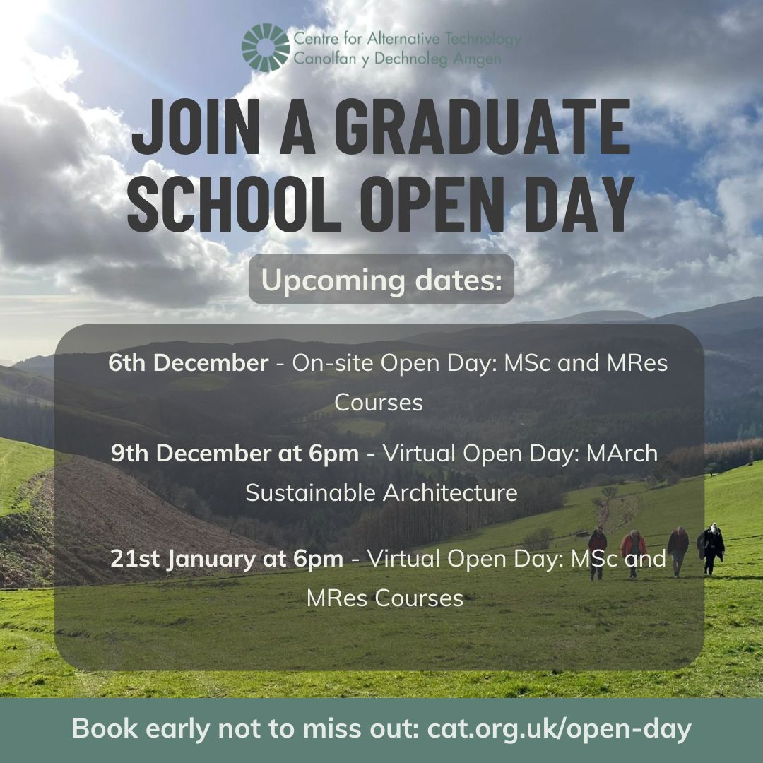 Develop the skills to help create a fairer more sustainable future for all on a CAT Masters or postgraduate course.

Join one of our upcoming On-site or Virtual Open Days and find out if studying at CAT is right for you.

Book to secure your free place👇
cat.org.uk/opendays