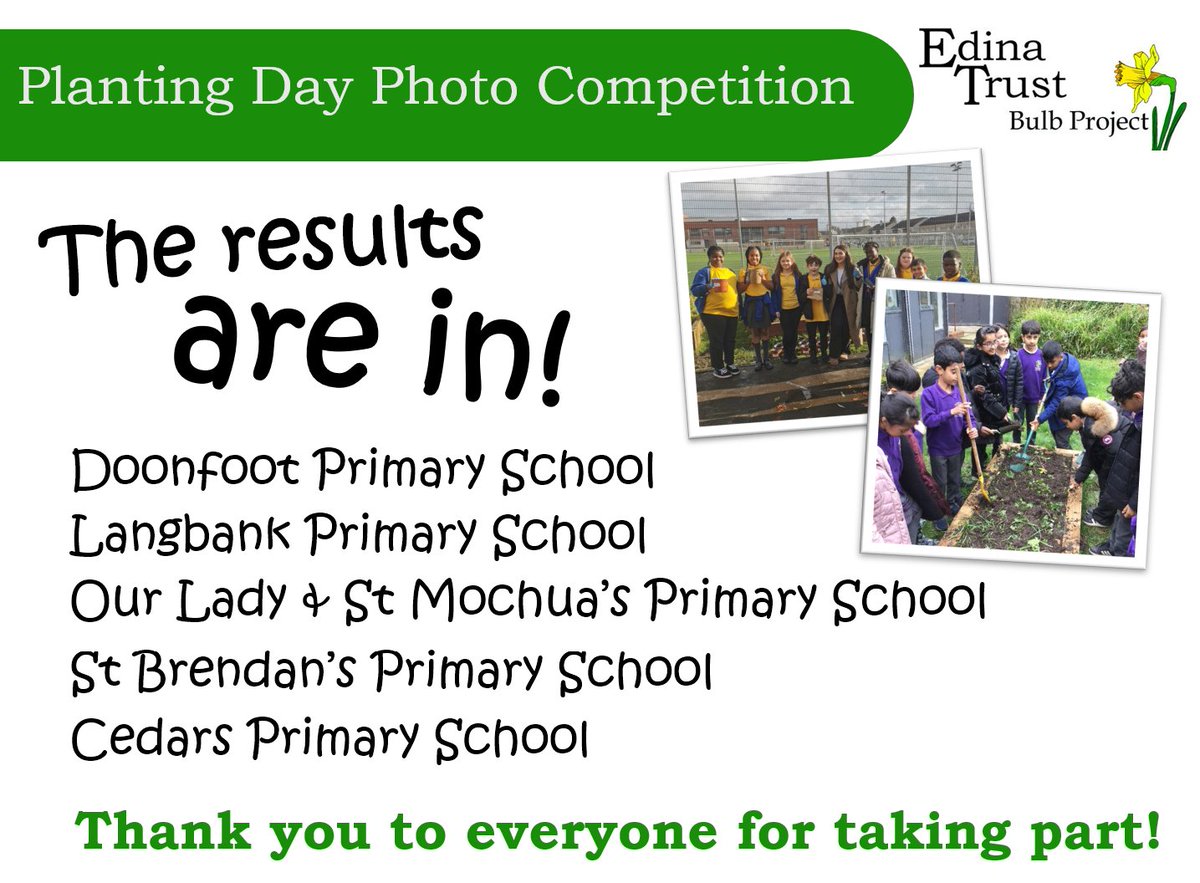 Thank you to everyone who shared photos as part of the Bulb Project Planting Day Photo Competition! 🌱📸 We'll be sending out certificates. Congratulations to our five winning schools below - we'll be in touch!
<a href="/DoonfootPrimary/">Doonfoot Primary</a> <a href="/LangbankPrimary/">Langbank Primary</a> <a href="/MochuaS/">OurLady&St Mochua's</a> <a href="/Professor_Plant/">Professor Plant</a>