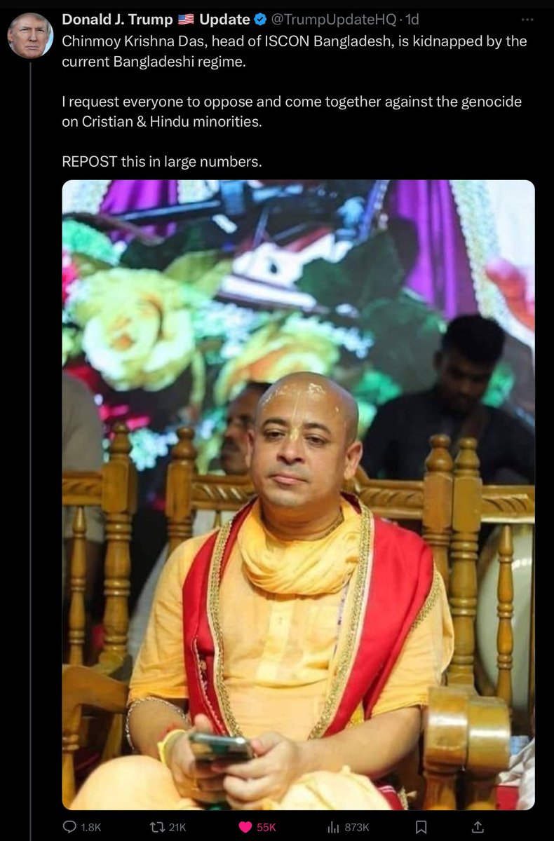 📌 BREAKING : Bangladesh Govt withdraws case against ISKCON amid protest over a Hindu Monk's arrest and diplomatic pressure

Source says that Donald Trump and Narendra Modi have talked to Yunus on a conference call and asked him to resolve this issue.

This post hits 20k reposts