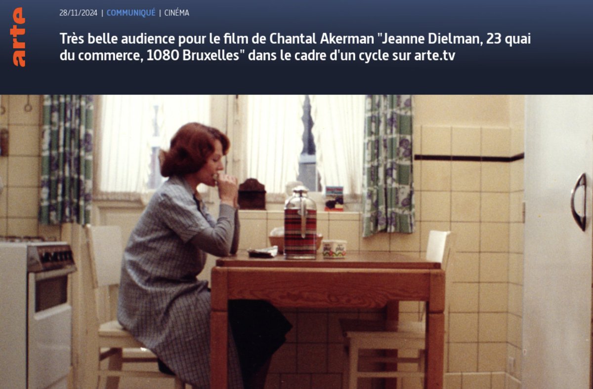 BBaronnet's tweet photo. 647 000 spectateurs devant Jeanne Dielman de Chantal Akerman hier soir sur Arte !

Le film (+ 5 autres de Chantal Akerman) est dispo sur la plateforme @ARTEfr https://t.co/EEu560NNNK