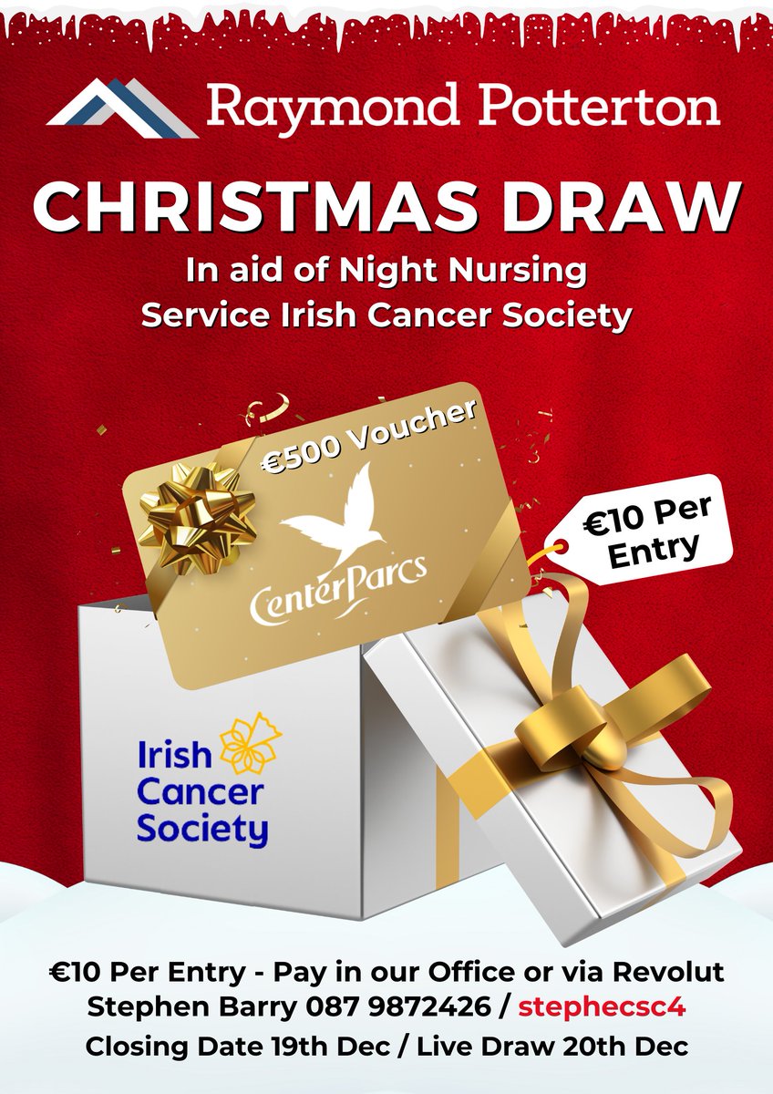 🎁CHRISTMAS COMPETITION🎁

WIN a €500 Voucher for Center Parcs Ireland in aid of the Night Nursing Service Irish Cancer Society🎄

📌 Tickets €10 Each

Tickets are available in our Offices or via Revolut to Stephen Barry on 087 9872426 or use code "stephecsc4"🎁